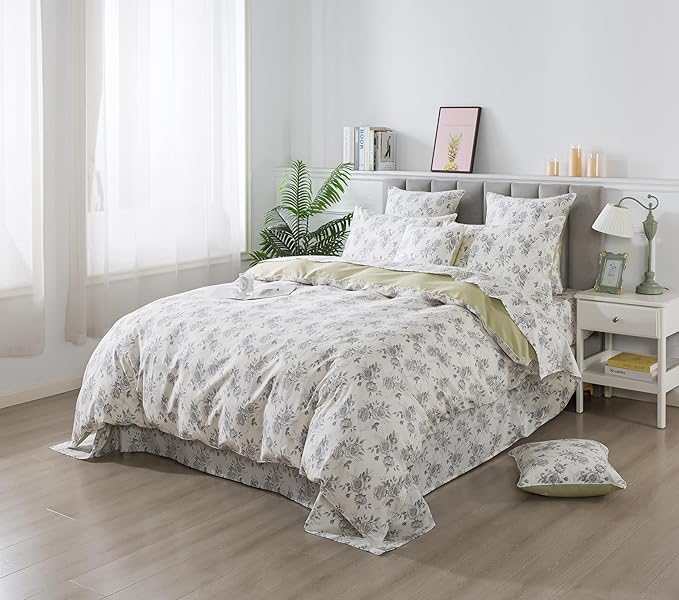 FADFAY Rose Duvet Cover Set Queen Rustic Peony Floral Bedding Vintage Botanical Quilt Cover Set Shabby Farmhouse Bedding 100% Cotton Soft Comforter Cover with Hidden Zipper Closure 3Pcs, Queen Size