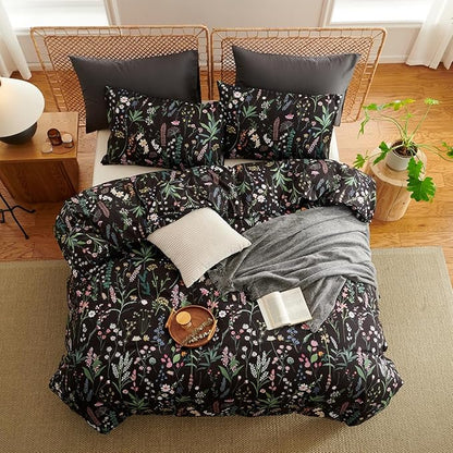 Floral Duvet Cover King Black 3 Pieces Elegant Botanical Flower Bedding Set Farmhosue Aesthetic Bedding Soft Microfiber Duvet Cover Set with 2 Pillowcases
