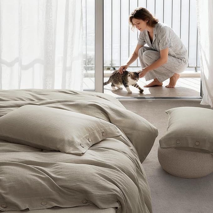 JELLYMONI Cotton Duvet Cover King Size - Taupe Comforter Cover with Button 100% Washed Cotton 3PCS Breathable Soft Solid Bedding Set Duvet Cover 104×90in & 2 Pillowcases (NO Comforter)