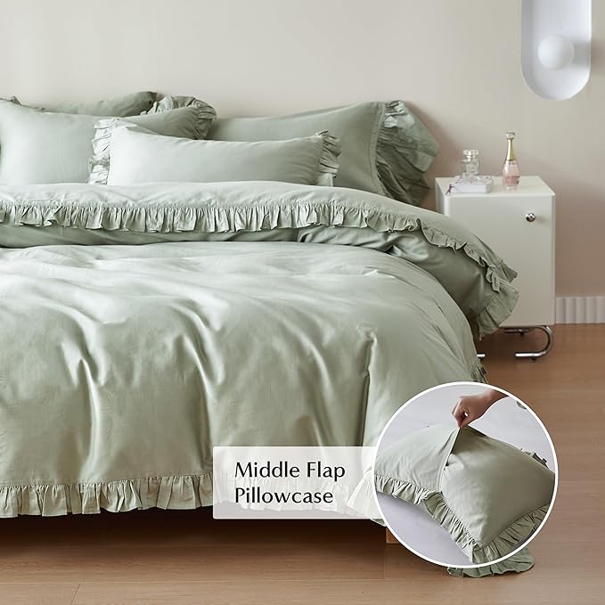 Simple&Opulence Kids 100% Organic Cotton King Duvet Cover Ruffle 3Pcs(1 Comforter Cover 2 Pillowcases) Cute Lace Vintage Boho Shabby Chic Farmhouse Bedding Set Teen Girls(Sage Green, King)