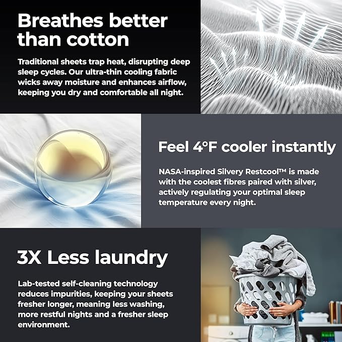 Silvery Restcool™ Silver Infused Bed Sheets Set - Award-Winning Self-Cooling Fabric for Hot Sleepers with Self-Cleaning Silvery Technology™ That Stays Fresh 3X Longer (White, King)