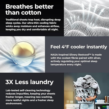 Silvery Restcool™ Silver Infused Bed Sheets Set - Award-Winning Self-Cooling Fabric for Hot Sleepers with Self-Cleaning Silvery Technology™ That Stays Fresh 3X Longer (White, King)