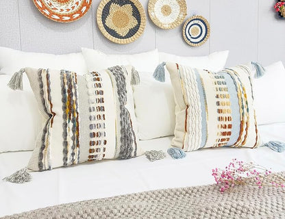 Boho Throw Pillow Covers 16x16 Aesthetic Neutral Boucle Couch Pillow Cover Rainbow Striped Decorative Accent Pillow Case for Couch Bed Sofa Farmhouse,Modern Funky,Set of 2 Brown-Grey