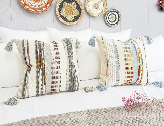 Boho Throw Pillow Covers 18x18 Aesthetic Neutral Boucle Couch Pillow Cover Rainbow Striped Decorative Accent Pillow Case for Couch Bed Sofa Farmhouse,Modern Funky,Set of 2 Brown-Grey