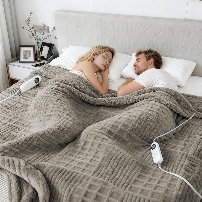 Heated Blanket Queen, 84"x90" Electric Blanket Heating Waffle with Dual Controllers, Fast Heating with 12 Heat Levels & 12 Hours Auto Off, with ETL & FCC for Bed(Light Gray)