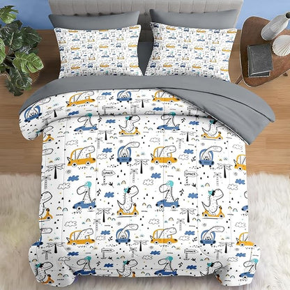 Comforter Set Twin Size, Funny Car Dinosaur 5 Pcs Bedding for Kids and Adults, Adventure Nursery Dino Bed Sheet Sets with Fitted Sheet Pillowcase & Sham for Bedroom Bed Decor