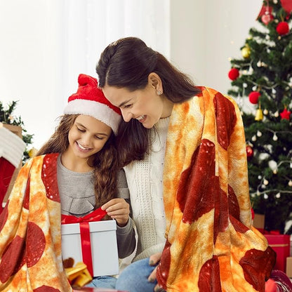 HDFK Pizza Blanket Adult Size, Round Food Blankets Funny Gifts Realistic Cheese Pepperoni Cozy Throw Double-Sided Short Plush Flannel Soft Fuzzy Novelty Red 71 inches for Couch Bed Lightweight