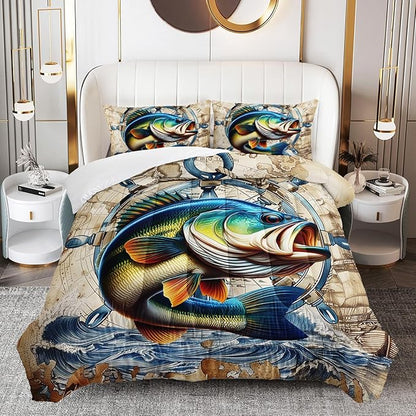 Bass Big Fish Comforter Set for Kids Boys Queen Size, Nautical Hunting and Fishing Pattern Bedding Sets, 3Pcs Vintage Wooden Comforter Soft Decor Underwater Animals Theme Quilt Set