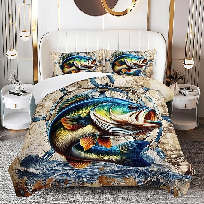Bass Big Fish Comforter Set for Kids Boys Twin Size, Nautical Hunting and Fishing Pattern Bedding Sets, 3Pcs Vintage Comforter Soft Decor Underwater Animals Theme Quilt Set