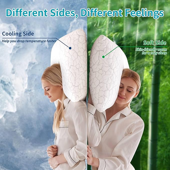 Cooling Pillows for Sleeping 2 Pack, Standard Size Adjustable Shredded Memory Foam Pillows, Firm Bed Pillows for Side, Back, Stomach, Hot Sleepers, Cold Pillow for College Dorm Room