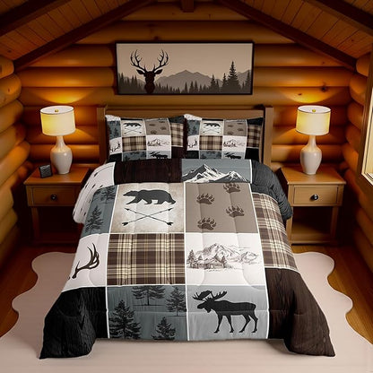 Hunting Camper Comforter Set Full Size Bear Elk Arrow Wild Animals Bedding Set Kids Boys Teens Women Rustic Farmhouse Cabin Home Decor 3pcs,Retro Geometric Stripes Plaid Duvet Insert,Brown Grey