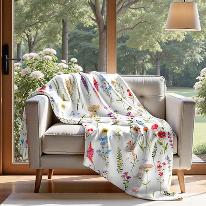 Floral Throw Blanket Birthday Gift for Women Mom Girls Colorful Flowers Blanket Summer Wildflower Flannel Blanket Watercolor Printed Throw for Couch Sofa Bed Chair 60"x80"