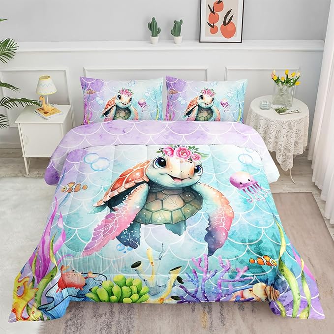 Cartoon Sea Turtle Comforter Set Mermaid Scale Turtle Printed Bedding Set with 1 Comforter and 2 Pillowcases for Boys and Girls Bedroom All Season(Turtle Twin)