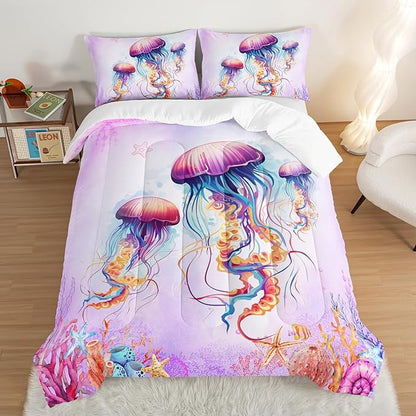 HOSIMA Pink Jellyfish Comforter Set Queen Size for Adults Kids,Marine Life Theme Bedding Set,The Underwater World Watercolor Tie Dye Bedding Room Decor for Girls with 2 Pillowcases.