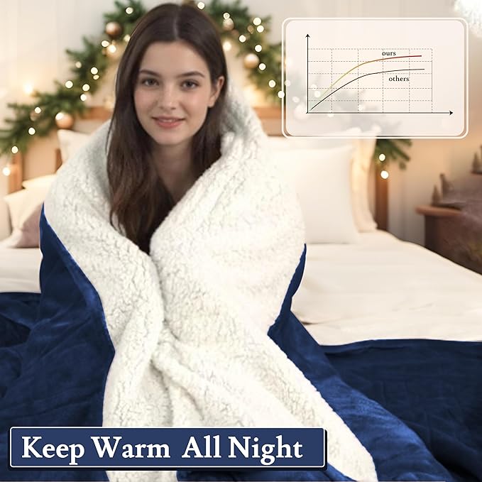 Electric Heated Blanket Flannel & Sherpa 62"x84" Twin Size - 4 Heat Levels, 10H Auto Shut Off, Fast Heating, Cozy and Comfortable, Warm Gifts, Machine Washable - Dark Blue