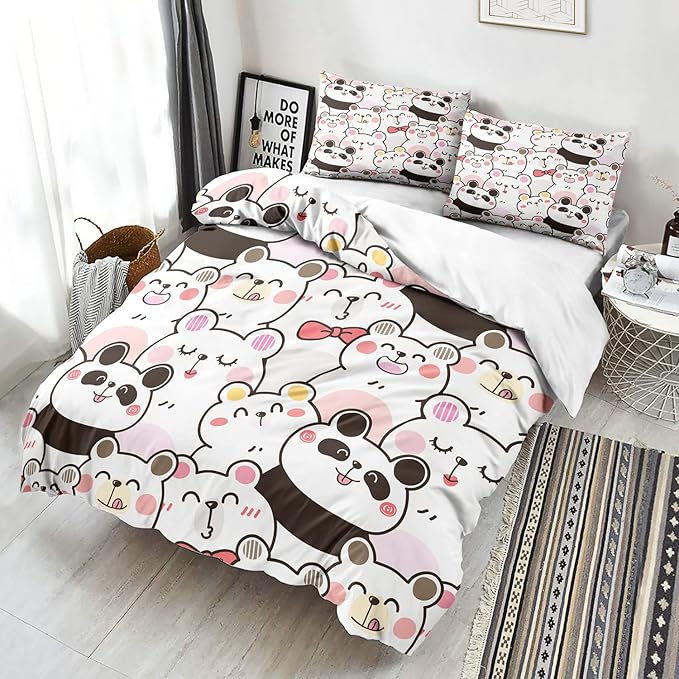 CVHOUSE Kawaii Panda Bedding Full Size,Kawaii Cute Set for Girls Kids Teens,Cute Comforter Cover Soft,1 Duvet 2 Pillowcases 3 Piece,Girls Room Decor Full 79'x89'