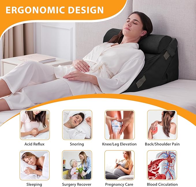 3PCS Wedge Pillow Set for After Surgery, Adjustable 9&12 Inch Bed Wedge Pillow for Sleeping, Incline Pillow Wedge for Headboard, Post Surgery, Acid Reflux, Neck&Back Support, Plush Black
