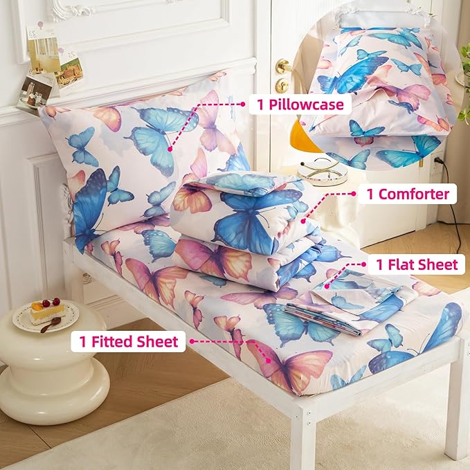 SDIII 4 Piece Butterfly Toddler Bedding Set, Soft Butterfly Toddler Bedding Sets for Girls with Comforter, Fitted Sheet, Flat Sheet and Pillowcase