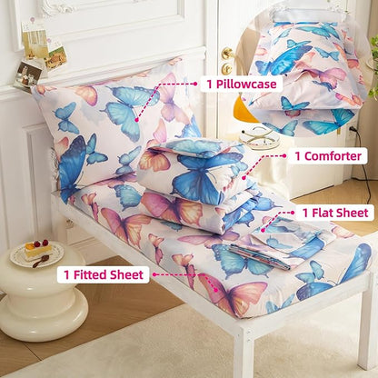 SDIII 4 Piece Butterfly Toddler Bedding Set, Soft Butterfly Toddler Bedding Sets for Girls with Comforter, Fitted Sheet, Flat Sheet and Pillowcase