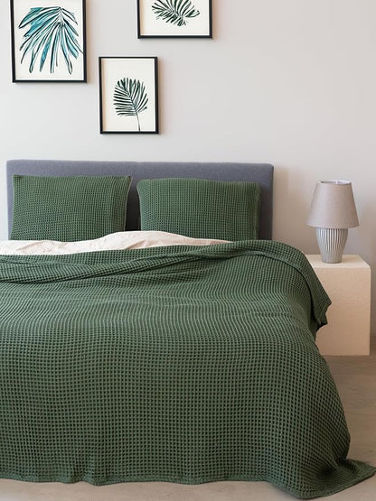 Premium Waffle Blanket California King Size Green - 100% Turkish Cotton, Light and Airy Waffle Weave All-Season Quilt - Luxury Decorative Bedspread (Dark Green, 95" x 126" Inch)