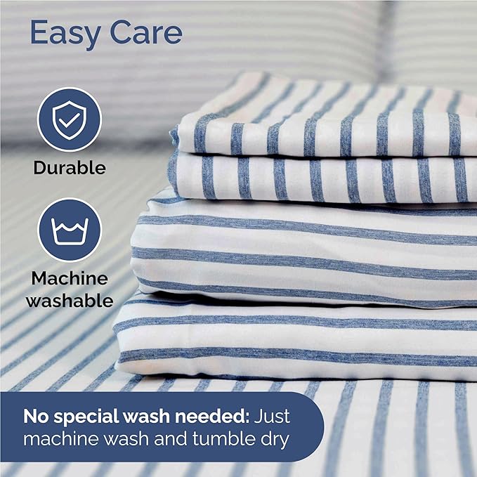 Full 6 Piece Sheet Set - Comfy Breathable & Cooling - Soft Hotel Luxury Bedding Set with 8-16 Inch Deep Pockets - 1 Flat & 1 Fitted Sheet & 4 Pillowcases - Wrinkle Free & Easy Care - Blue Stripes 2