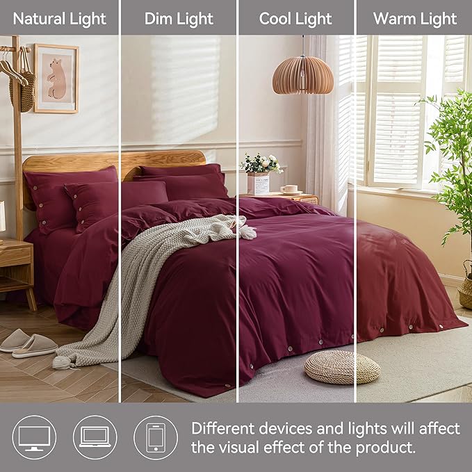 JELLYMONI Cotton Duvet Cover Cal King Size - Burgundy Comforter Cover with Button 100% Washed Cotton 3PCS Breathable Soft Solid Bedding Set Duvet Cover 104×98in & 2 Pillowcases (NO Comforter)