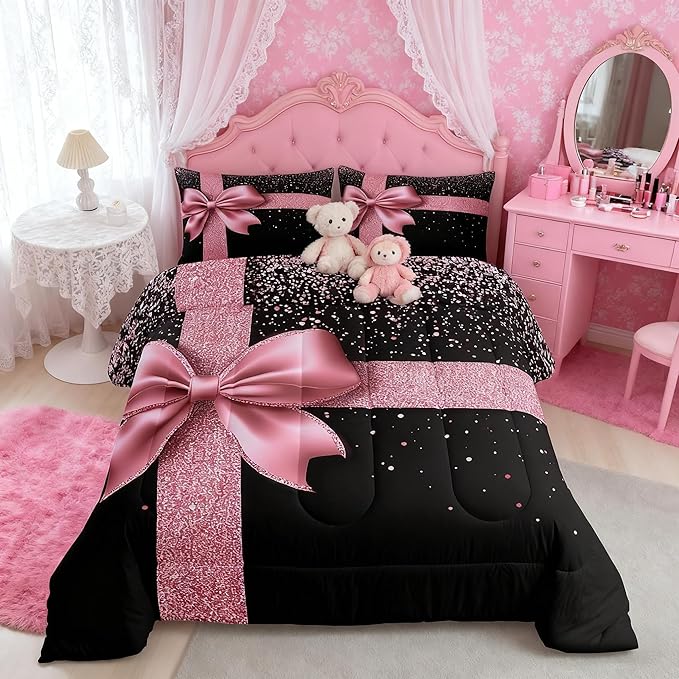 Pink Bowknot Children Comforter Set,Diamond Print (No Glitter)Bedding Set for Women Girls,Adults Soft Bling Party Comforter,Kids Pink and Black Quilted Duvet Bedroom Collection King Size 3Pcs