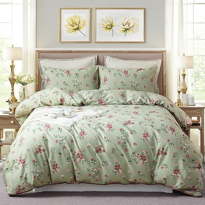 100% Cotton Duvet Cover Set Queen Size– Green Classic Botanical Print Bedding Set 3 Pieces, Breathable Lightweight Comforter Cover with Zipper Closure, Vintage Garden Floral Bed Set