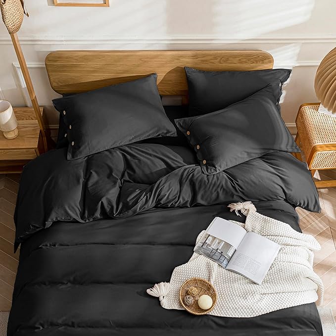 JELLYMONI Cotton Duvet Cover Full Size - Pure Black Comforter Cover with Button 100% Washed Cotton 3PCS Breathable Soft Solid Bedding Set Duvet Cover 80×90in & 2 Pillowcases (NO Comforter)