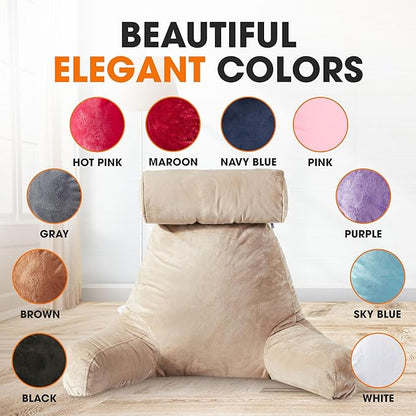 Cheer Collection Reading Pillow Chair - Chair Pillow with Arms and Detachable Neck Bolster for Bed & Couch - Machine Washable, Taupe