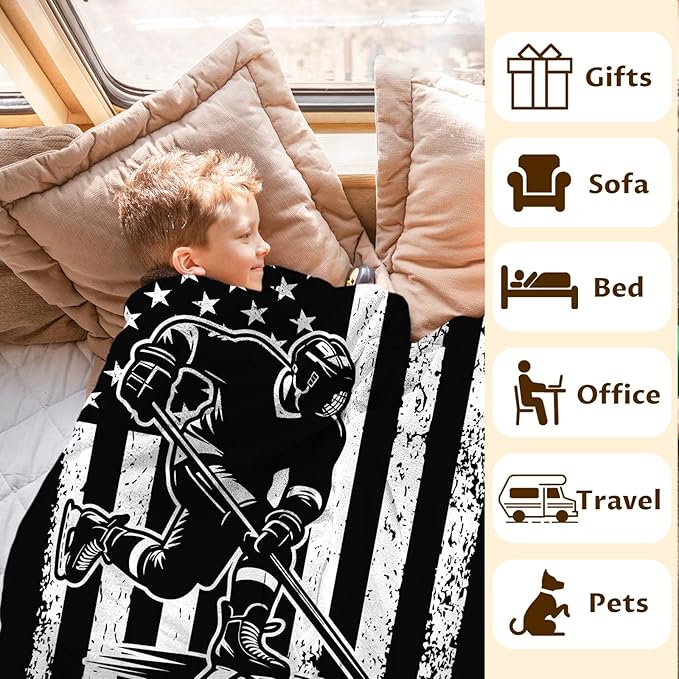 Hockey Gifts for Kids Boys - 50x40 Inches Small Soft Fuzzy Flannel Blankets Accessories Decor Sports Throws for Travel Camping