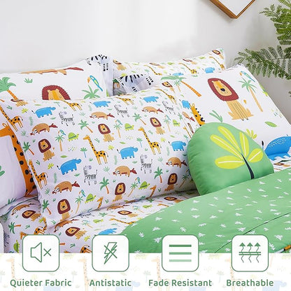 Mooreeke Kids Twin Comforter Sets for Boys Girls 6 Pieces Animal Bedding Set for Teens Microfiber Lion Elephant Kids Bed in A Bag with Comforter, Sheet Set, Shams and Decorative Toy Pillow All Season
