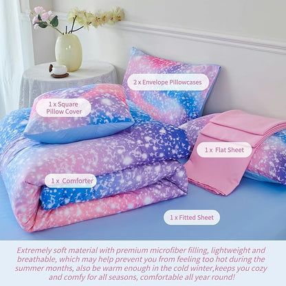 RYNGHIPY 6Pcs Girls Bedding Set Queen Size Colorful Rainbow Comforter Set for Kids Teens Girls Glitter Bedding Set Lightweight Fluffy