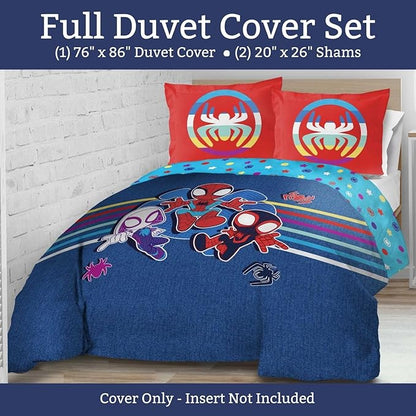 Jay Franco Duvet Cover Set – 3 Piece Comforter Cover and Sham Set, Super Soft Cozy Kids Bedding (Insert Not Included) Blue - Spidey & Friends, Full