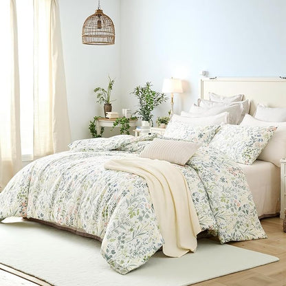 Duvet Cover King Size 100% Cotton Comforter Cover Green Floral Breathable Duvet Cover with Zipper Closure & Corner Ties 3 Pcs Green Fragrant Grass Duvet Cover Set