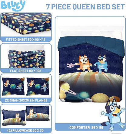 Jay Franco Kids Comforter Set Includes Sheets and Pillow Covers - Soft and Cozy Bed Set for Stylish Room Decor, Blue - Bluey & Bingo, 7 Piece Queen