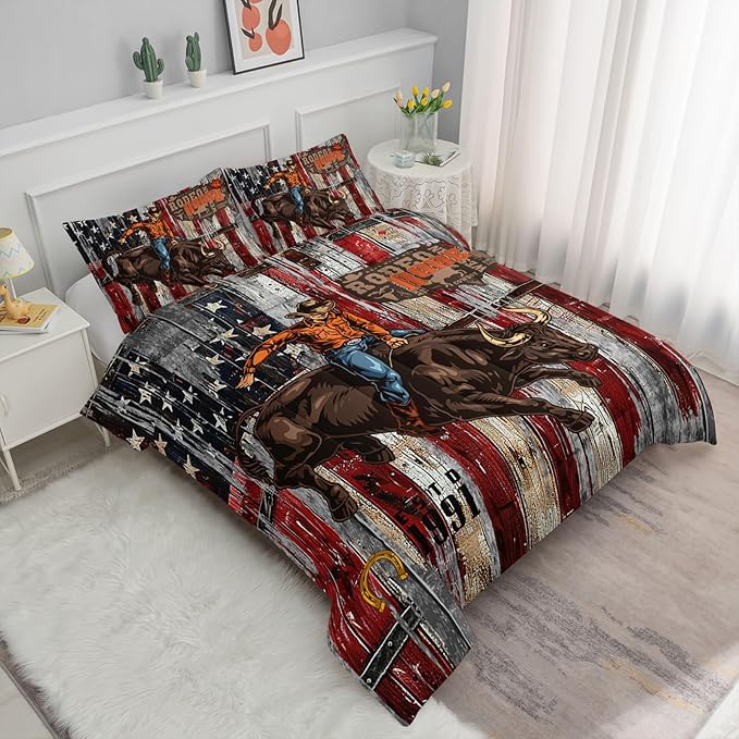 Western Cowboy Comforter Set Vintage American Bedding Set with 1 Comforter and 2 Pillowcases for Boys and Girls Bedroom All Season(Cowboy Queen)