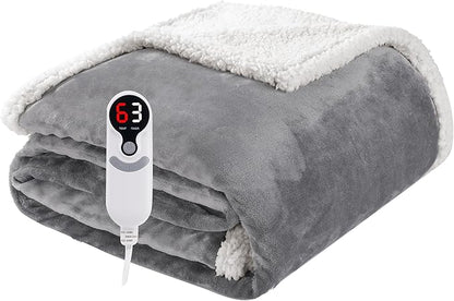 Electric Heated Blanket Throw Size 50"x60", Soft Flannel with Overheat Protection, 6 Adjustable Heat Settings & 3-Hour Auto-Off Timer, Fast Heating for Winter Comfort, Light Grey