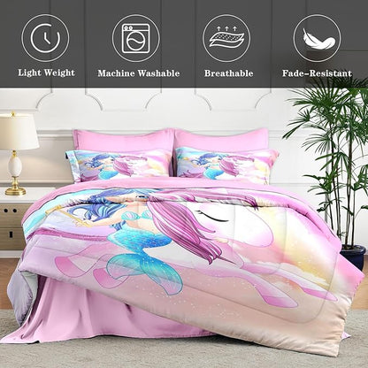 Queen Size Comforter Set with 2 Pillowcases & 2 Shams, Cute Unicorn Mermaid 7 Pcs Bedding for Kids and Teens, Love Kids Rainbow Bed in a Bag with Flat Fitted Sheet