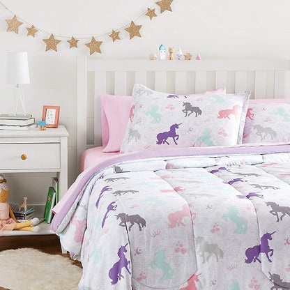 Amazon Basics Soft, Comfortable Kid's Microfiber Bed-in-a-Bag 7-Piece Bedding Set, Full/Queen, Solid & Printed, Purple Unicorns