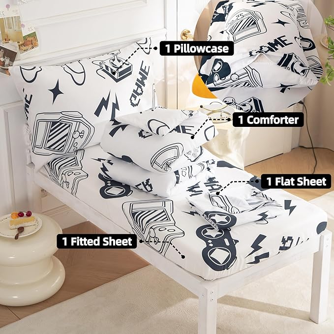 SDIII 4 Piece Gamer Toddler Bedding Set, Soft Microfiber Gaming Toddler Bedding Sets for Boys with Comforter, Fitted Sheet, Flat Sheet and Pillowcase