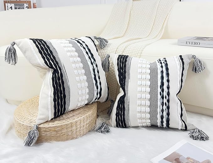 Boho Throw Pillow Covers 18x18 Aesthetic Neutral Boucle Couch Pillow Cover Rainbow Striped Decorative Accent Pillow Case for Couch Bed Sofa Farmhouse,Modern Funky,Set of 2 Black and White