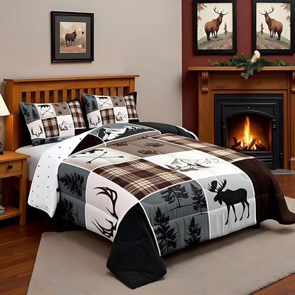 Hunting Camper Bedding Set King Size Bear Elk Arrow Wild Animals Comforter Set Kids Boys Teens Women Rustic Farmhouse Cabin Home Decor 3pcs,Retro Geometric Stripes Plaid Duvet Insert,Brown Grey