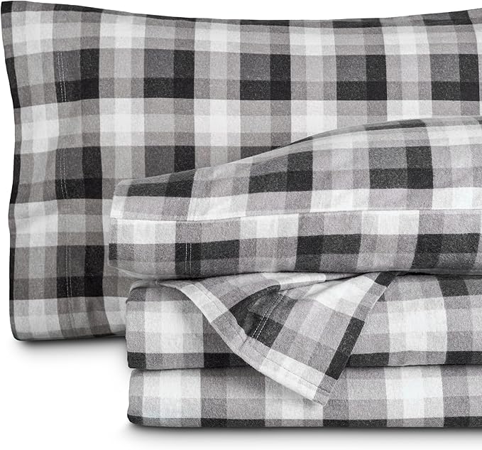 Bare Home Flannel Sheet Set Prints, 100% Cotton, Velvety Soft Heavyweight - Double Brushed for Softness & Comfort - Deep Pocket - Bed Sheets (Cal King, Oliver Plaid - Grey)
