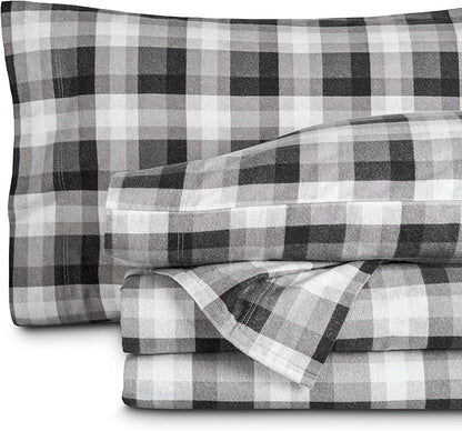 Bare Home Flannel Sheet Set Prints, 100% Cotton, Velvety Soft Heavyweight - Double Brushed for Softness & Comfort - Deep Pocket - Bed Sheets (Split King, Oliver Plaid - Grey)