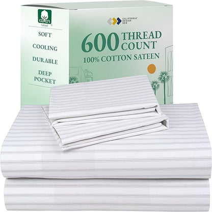 California Design Den King Size Sheet Set - 100% Cotton, 600 Thread Count, Deep Pocket King Sheets, Premium-Feel Bedding with Sateen Weave - Ticking Stripe Pattern