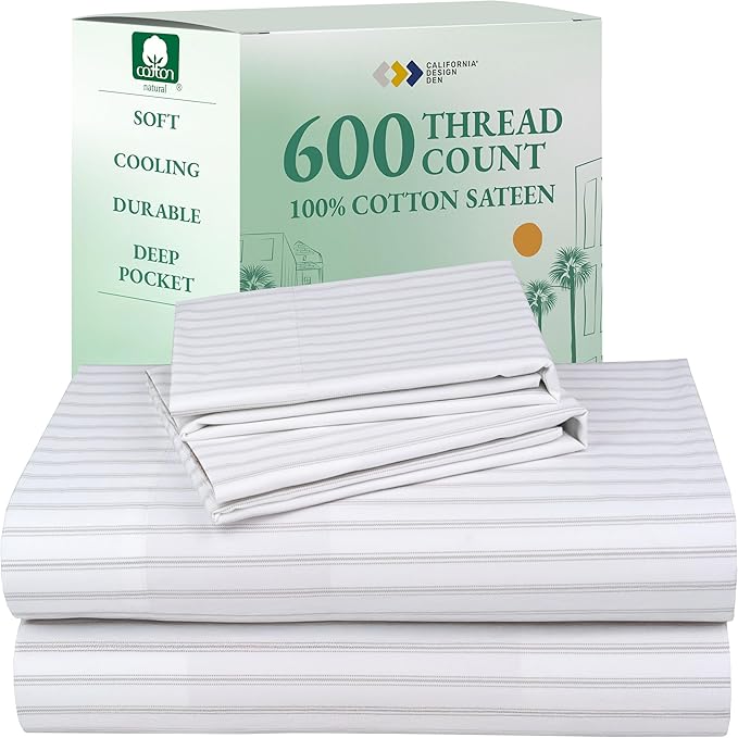 CALIFORNIA DESIGN DEN 5-Star Hotel 600 Thread Count 100% Cotton, Soft & Smooth Queen Sheet Set with Deep Pockets, Quality Beats Egyptian Cotton Claims (Ticking Stripe Grey)
