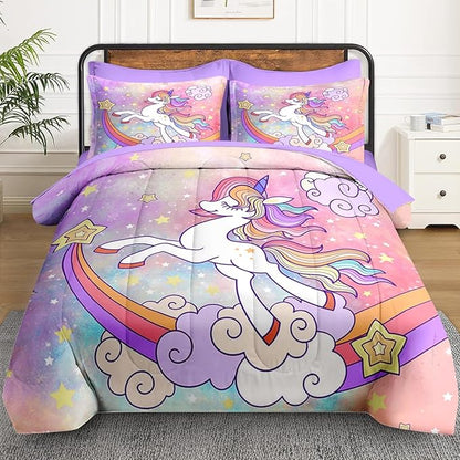 Full Size Comforter Set with 2 Pillowcases & 2 Shams, Cute Animal Unicorn 7 Pcs Bedding for Kids and Teens, Rainbow Girls Love Bed in a Bag with Flat Fitted Sheet