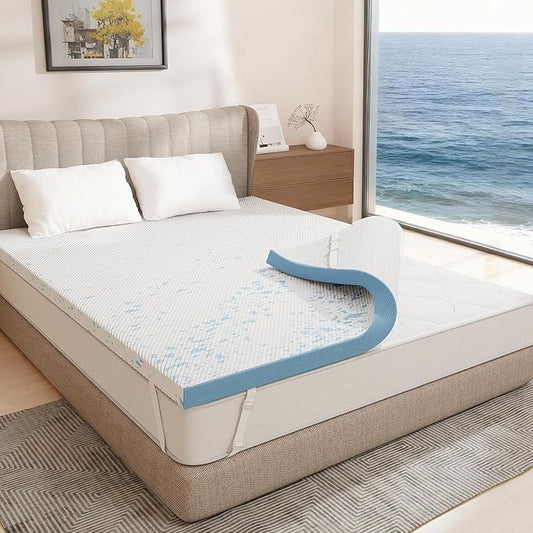 OhGeni Firm Feel Queen Size Cooling Gel Memory Foam Mattress Topper Pad, Washable Bed Cover with Anti-Slip Base &Zipper,Fits 6"-19" Mattresses with Straps,Extra Comfort for Sleep & Back Pain Relief