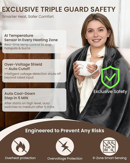 Cordless Heated Blanket with Hood, USB Battery Powered Heated Wearable Blanket with 9 Heating Zones, 20000 mAh Power Bank, 3 Levels, Portable Heated Throw Blanket, Heated Shawl